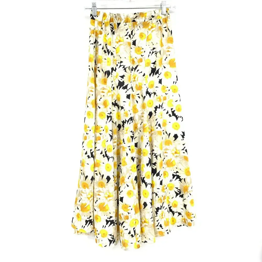 Zara Midi A-Line Skirt Womens Size XS White Yellow Daisy Print Elastic Waist